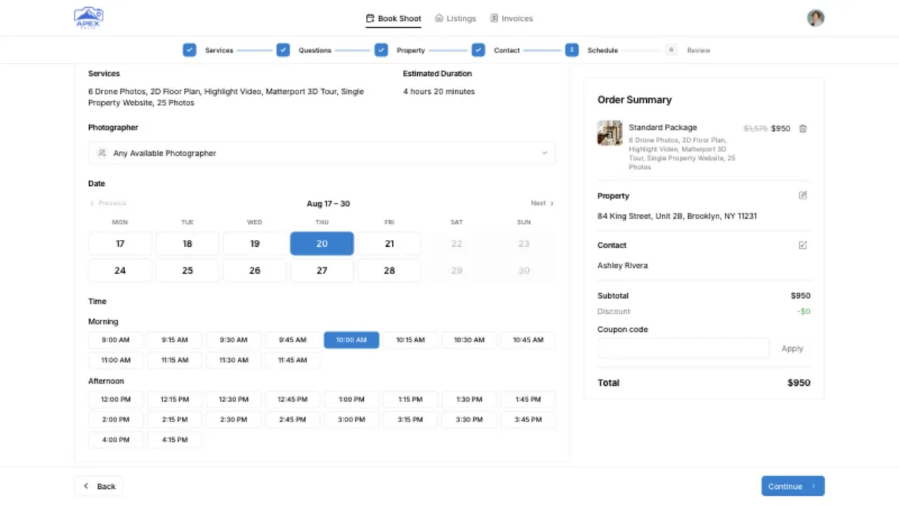 Selecting an available date and time for an order