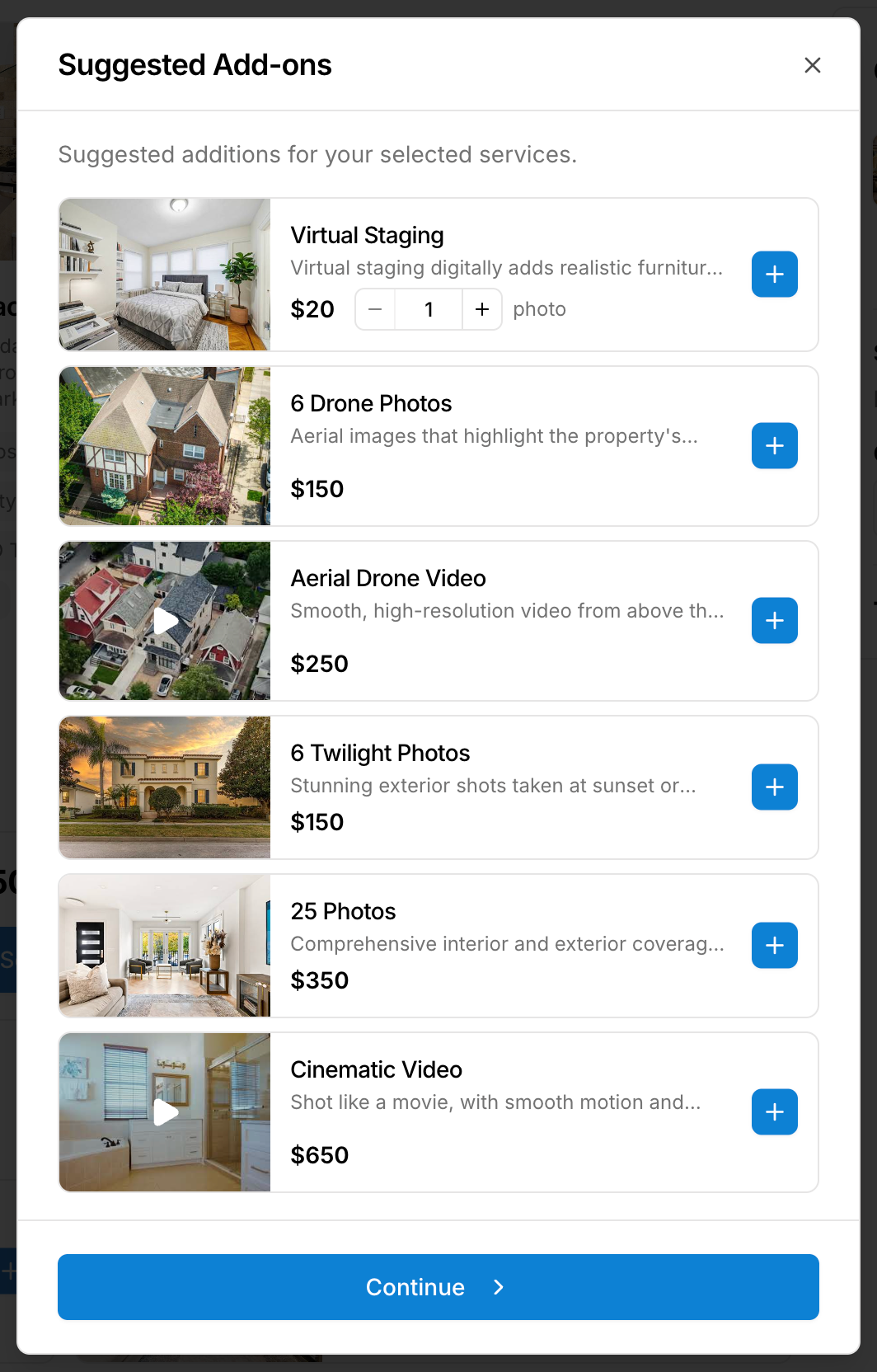 Suggested add-ons after choosing a package