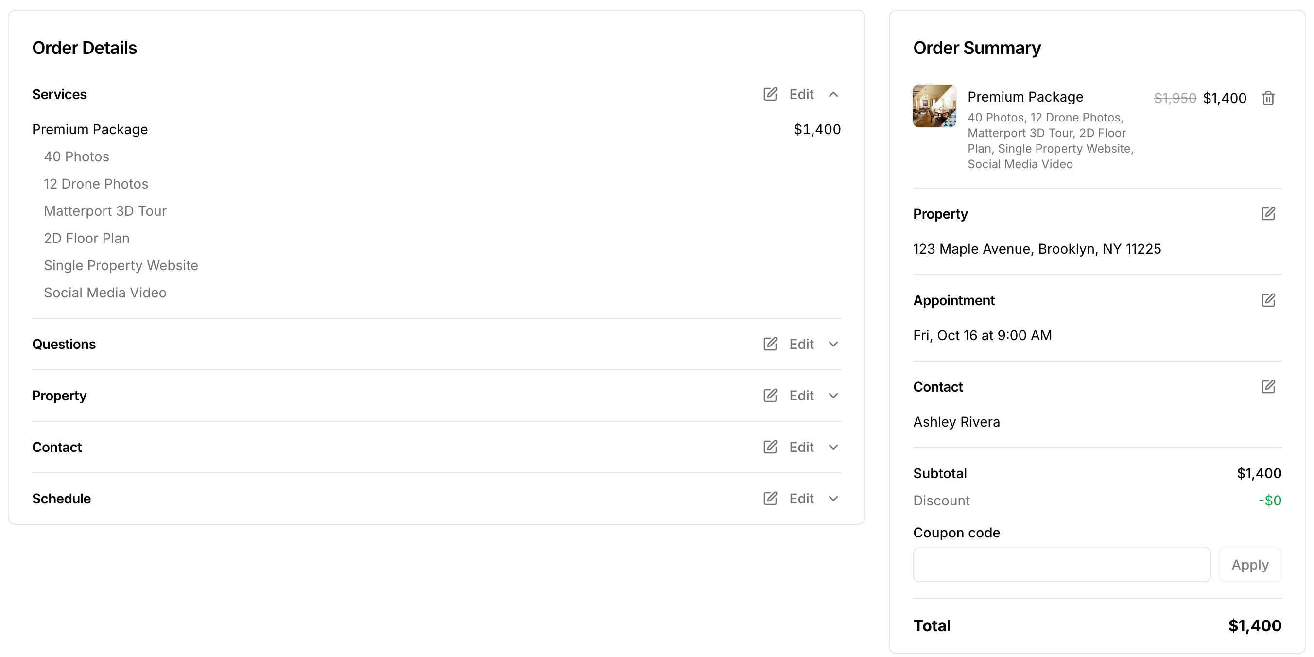 Reviewing an order before booking