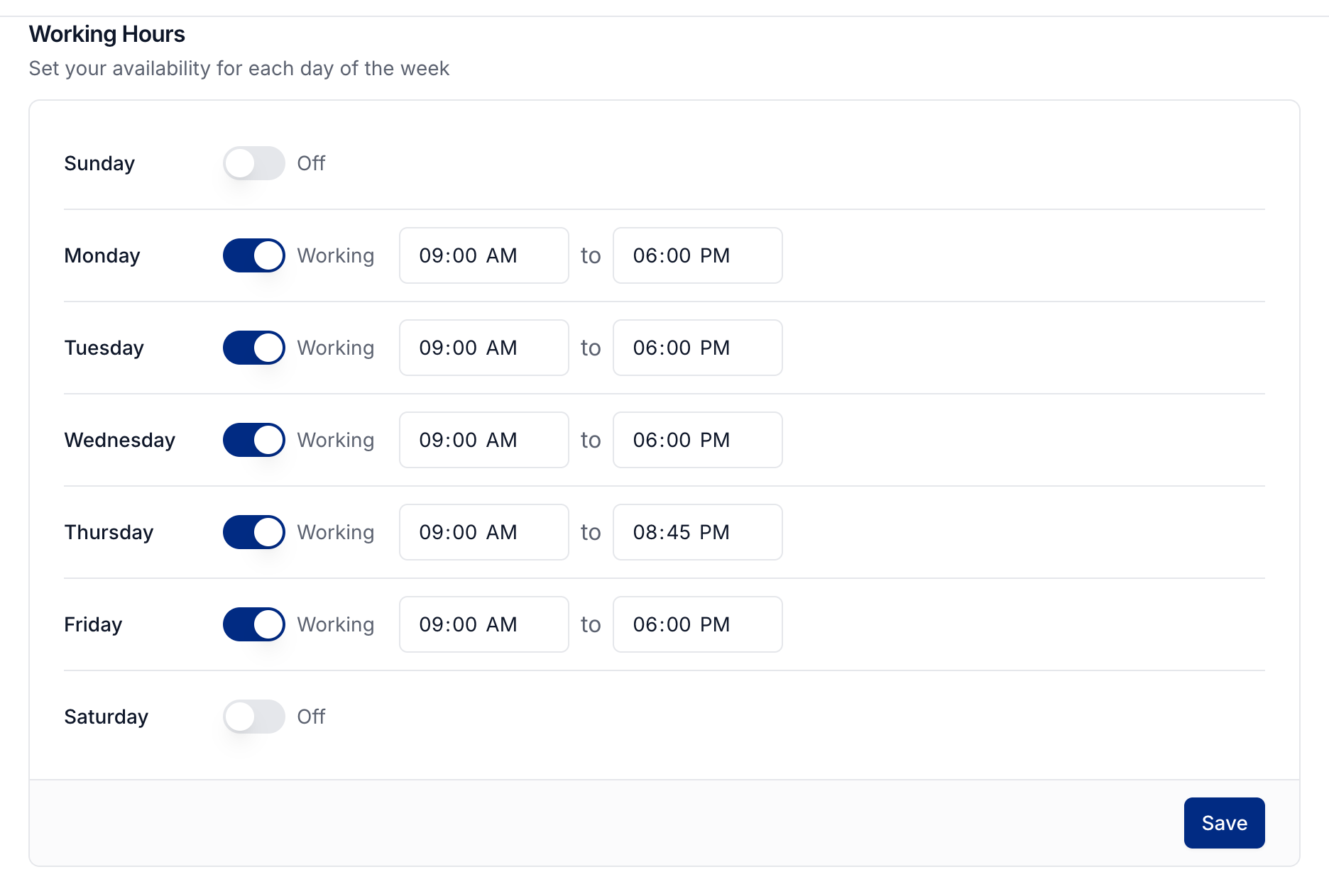 Working Hours with daily availability and Save