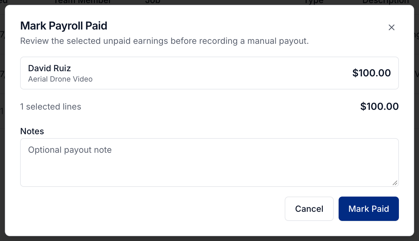 Review selected earnings before recording a manual payout