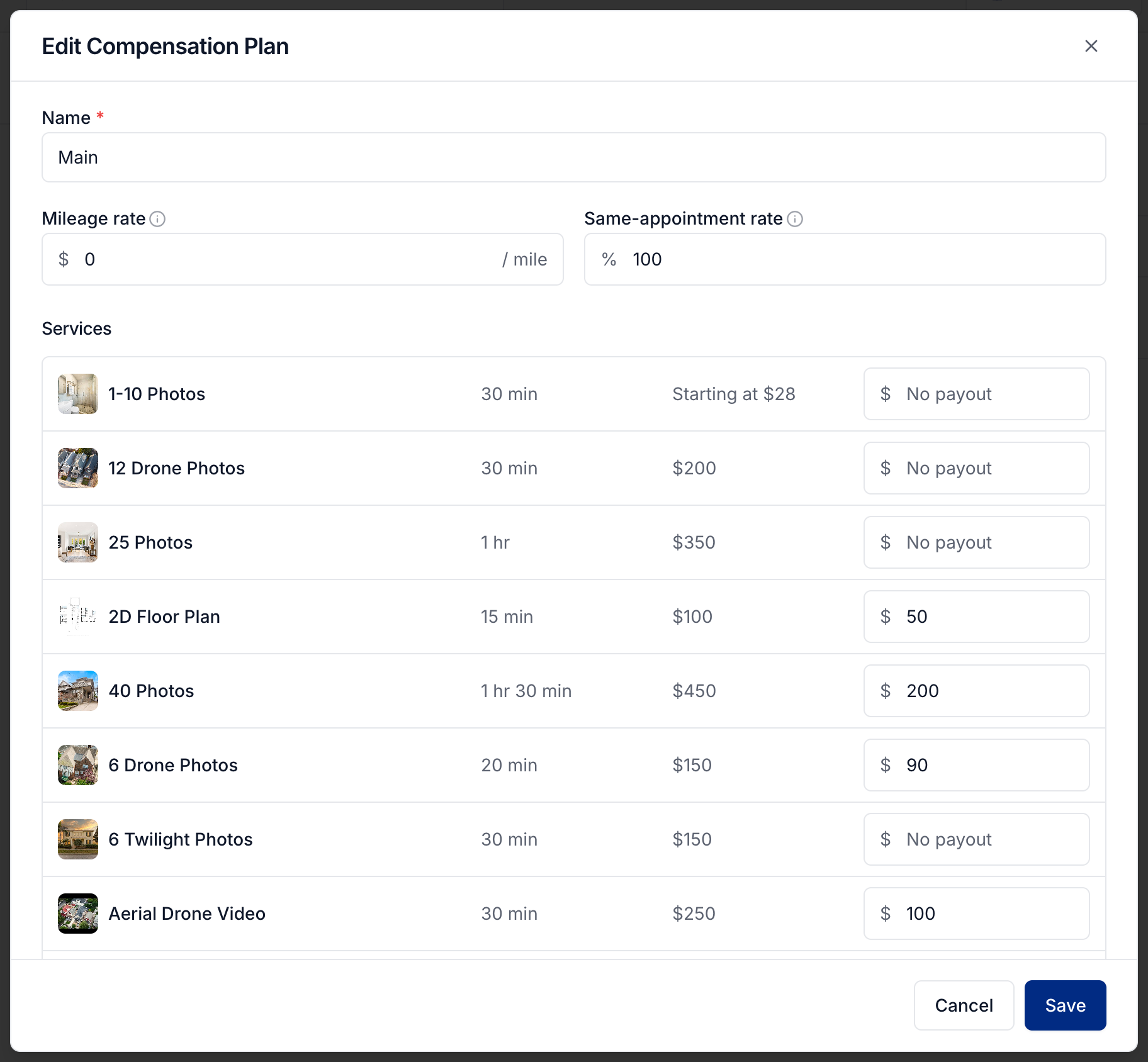 Compensation plan with mileage, same-appointment rate, and service payouts