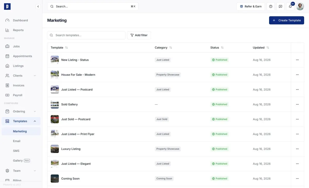 Marketing templates page showing published designs and categories