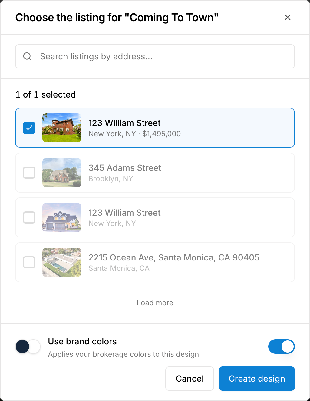 Choose a listing and whether to apply brokerage colors