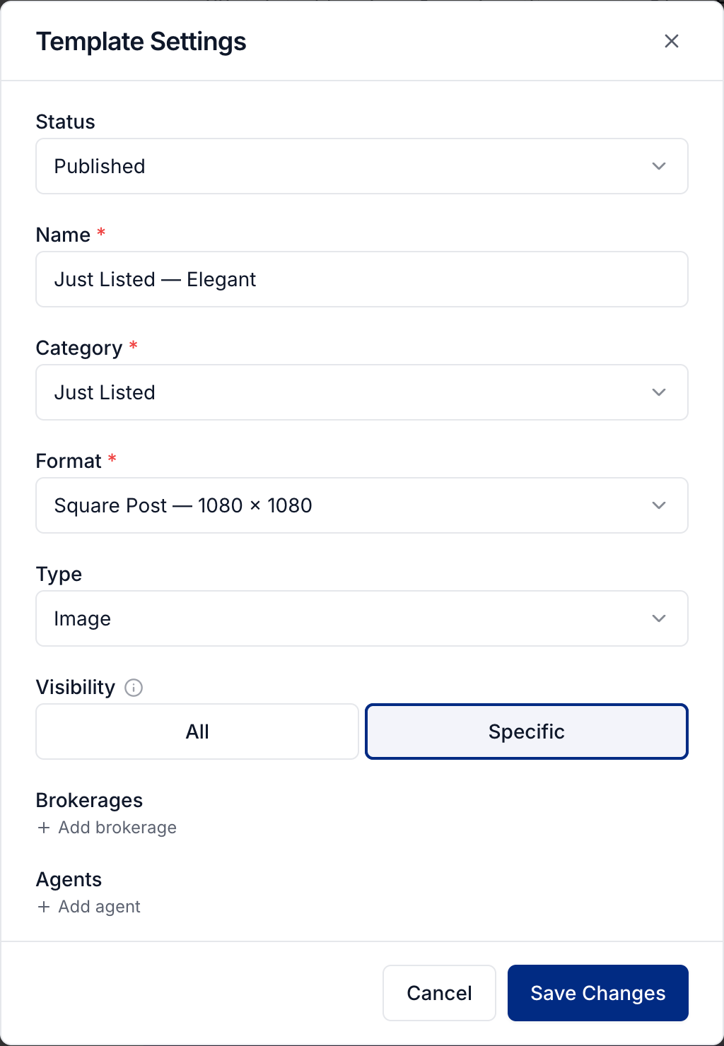Template Settings with visibility limited to selected brokerages and agents