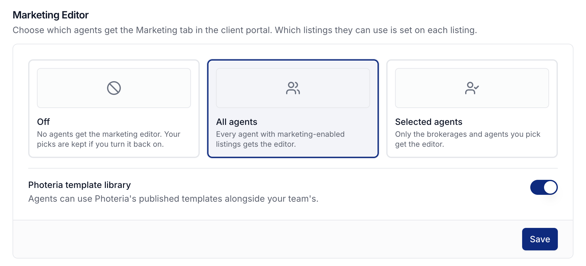 Client portal settings for marketing access and the Photeria template library