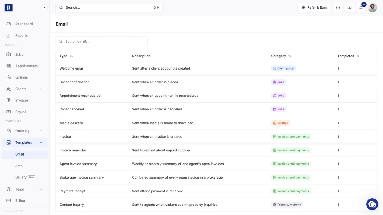 Email types available under Templates and Email