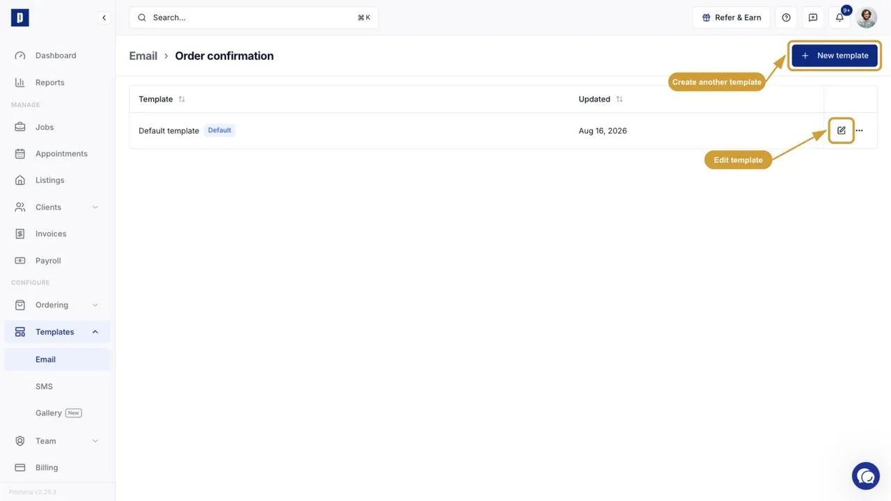 Controls for editing the default template or creating another template