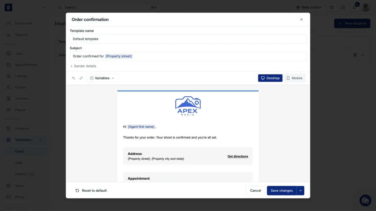 Email Studio with an order confirmation template open