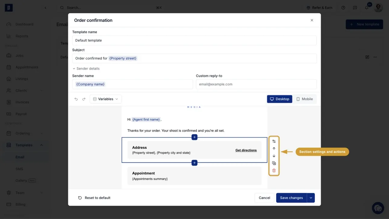 Section settings, movement, duplication, removal, and add controls