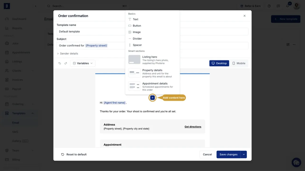 The add menu with basic sections and smart sections for an order confirmation