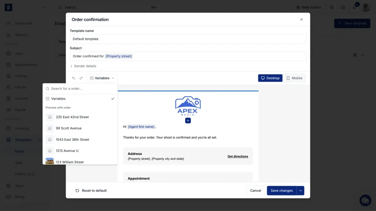 Selecting an order to use in the email preview