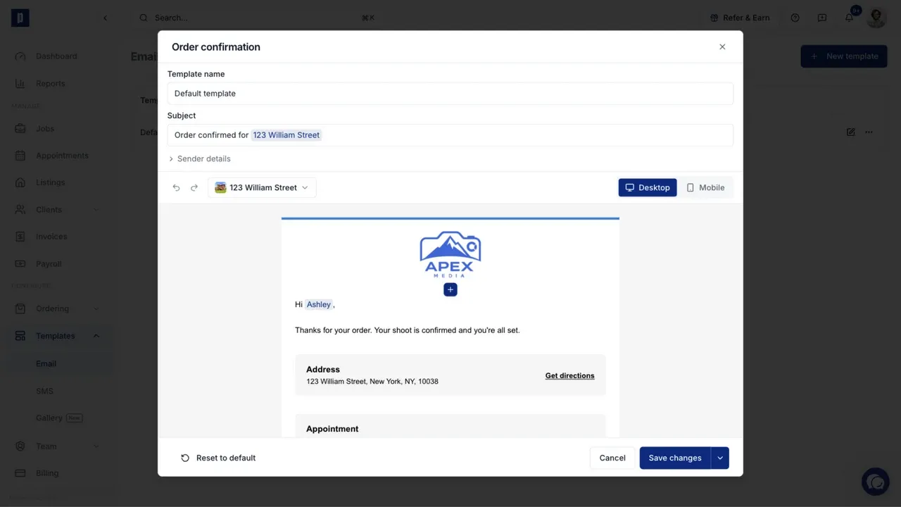 An order confirmation preview using 123 William Street