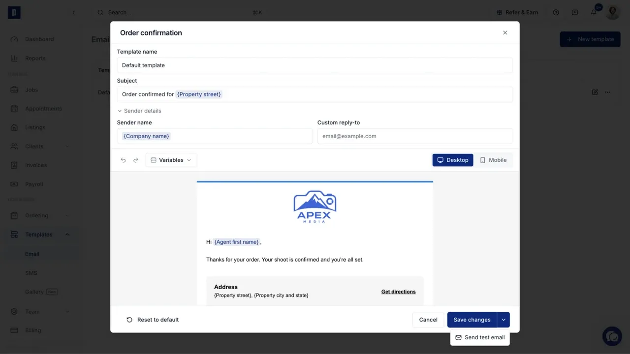 Sender details and the Send test email action