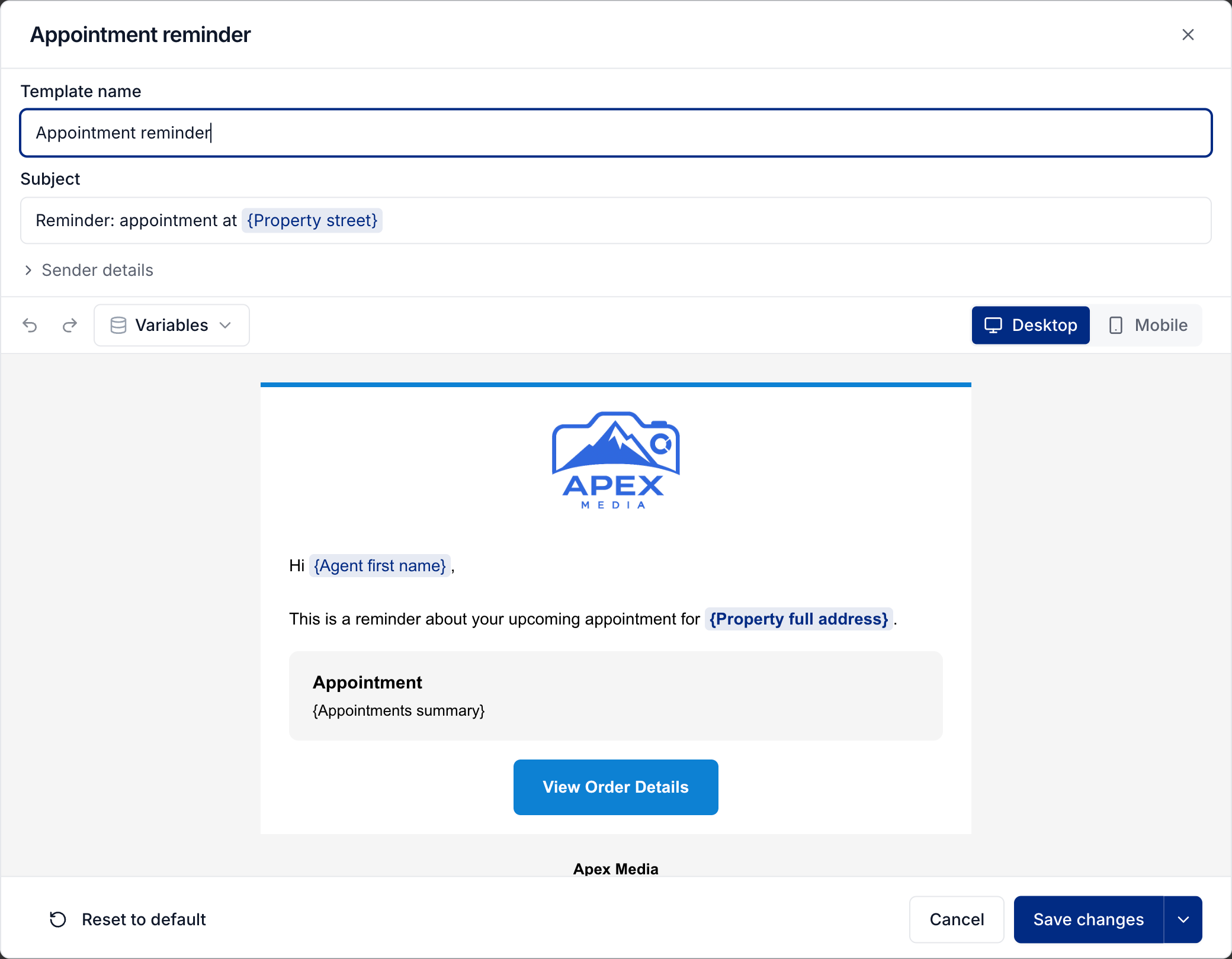 Custom appointment reminder with subject variables, preview controls, and Save changes