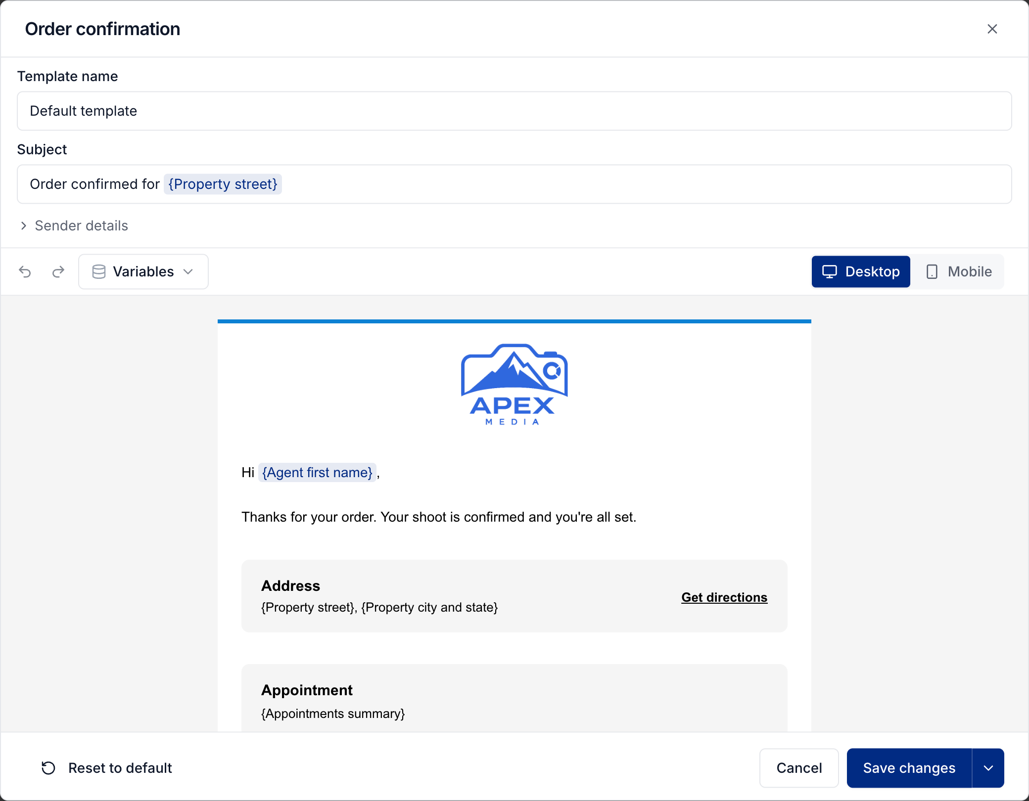 Email Studio with an order confirmation template open