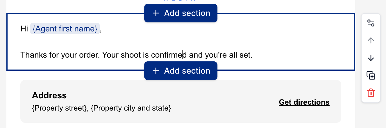 Section settings, movement, duplication, removal, and add controls