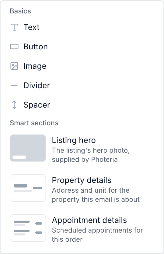 The add menu with basic sections and smart sections for an order confirmation