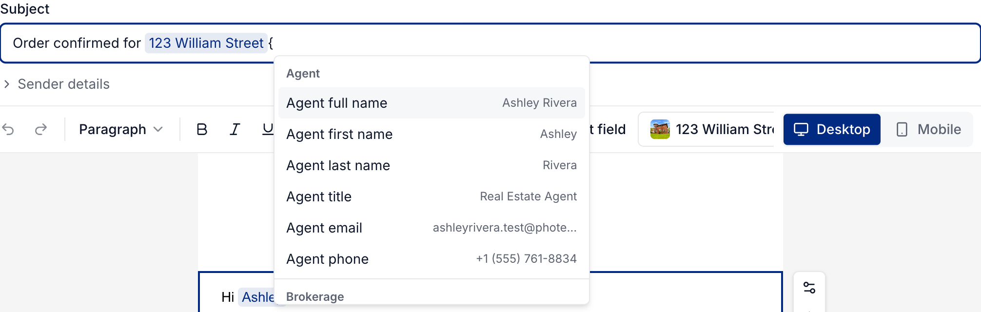 The variable menu showing real values for the selected order
