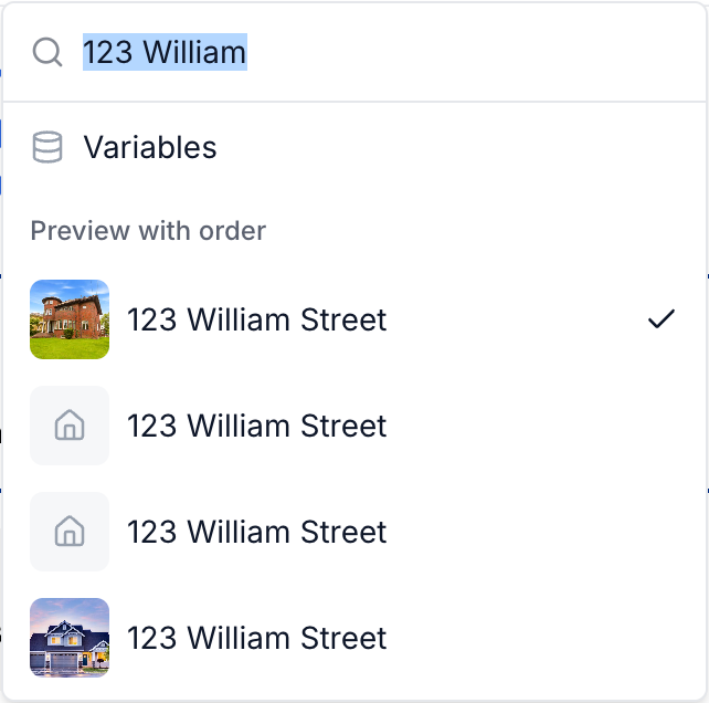 Selecting an order to use in the email preview
