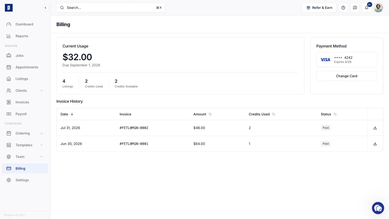 The Billing page with current usage, the saved payment method, and platform invoice history