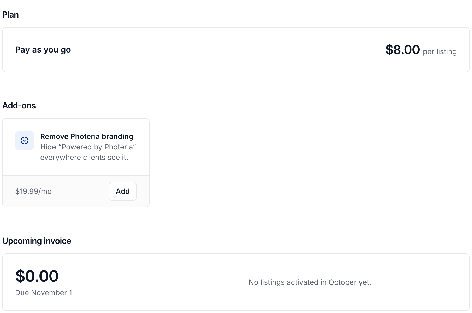 Billing with the plan, add-ons, and upcoming invoice