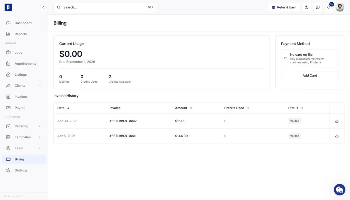 Billing page showing current usage, credits, payment method, and invoice history