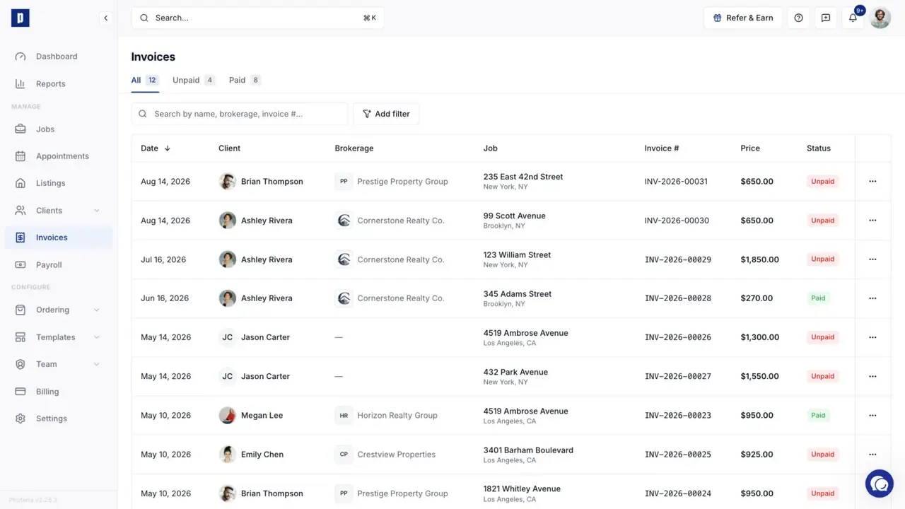 The Invoices page with a balanced mix of unpaid and paid client invoices