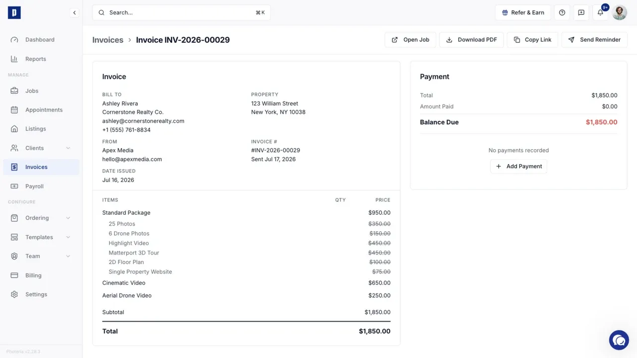 An invoice detail page with the related job, sharing actions, and payment balance