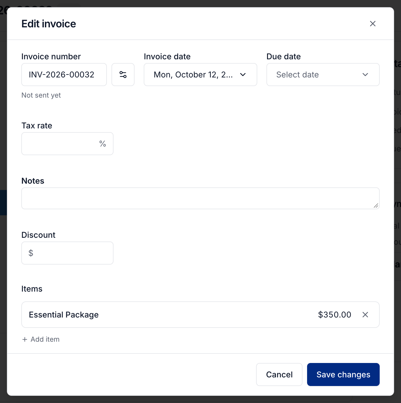 Edit invoice with dates, tax, notes, discount, and Add item