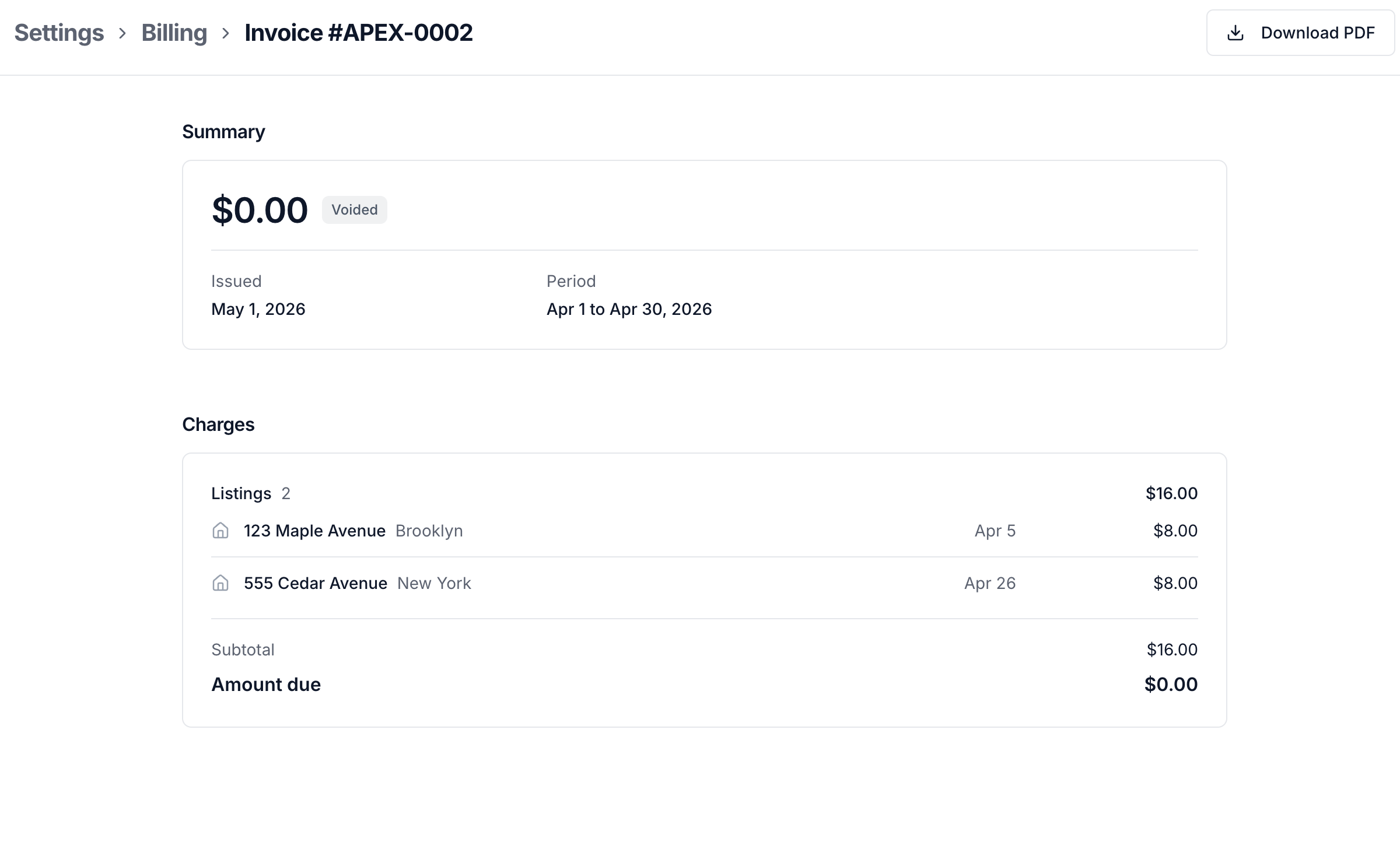 Platform invoice details with listing charges and Download PDF