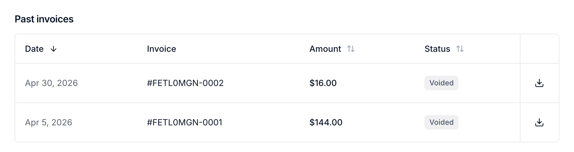 Past invoices with statuses and the Download PDF action