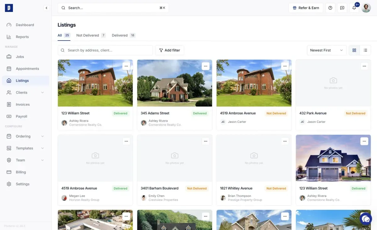 Listings grid showing property addresses and delivery status
