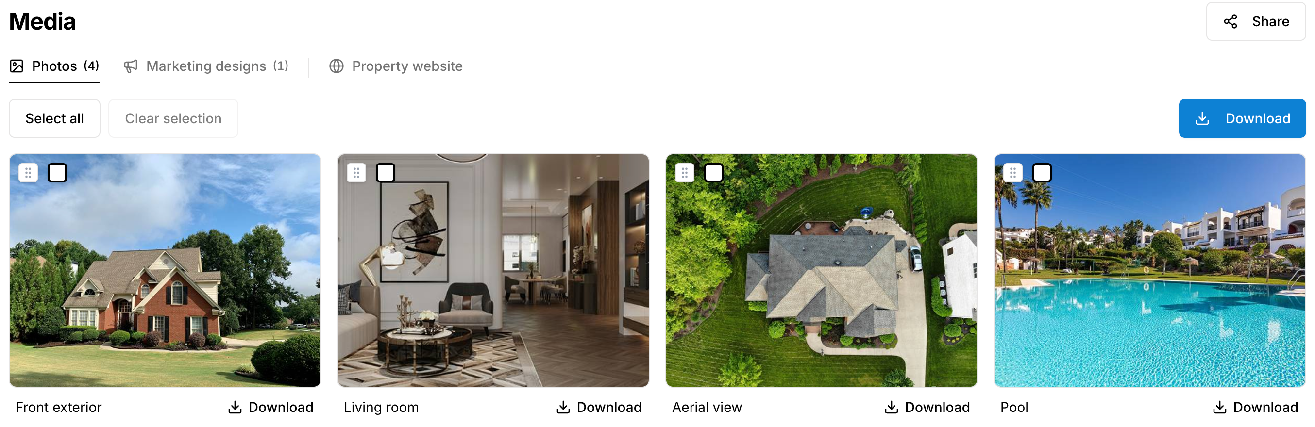 Media page with selection, Download, and Share controls