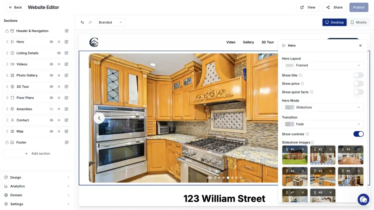 The Hero section settings beside the live property website preview