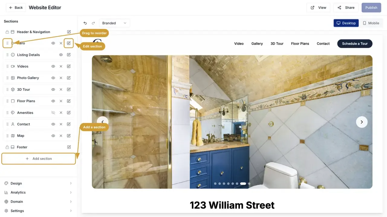 The Website Editor controls for reordering, editing, and adding sections