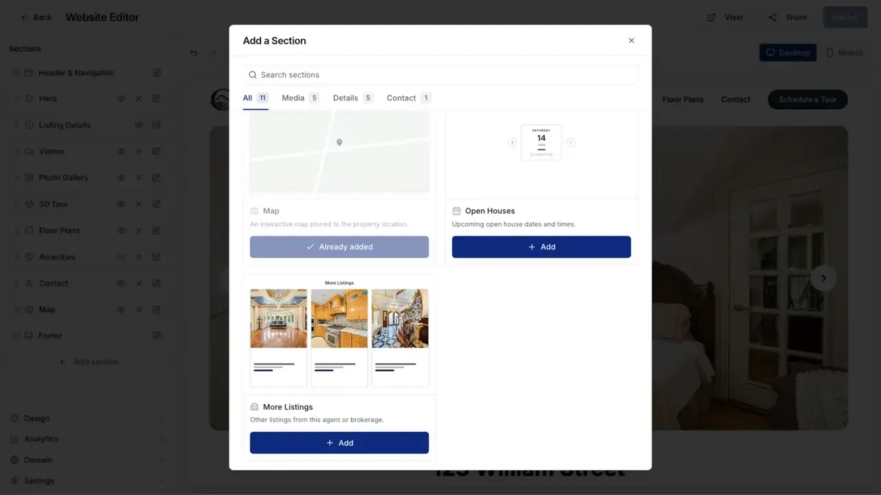 Available website sections with active Add buttons