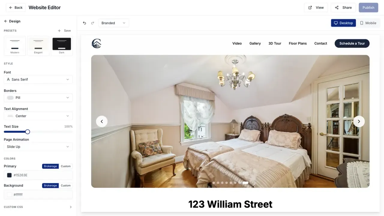 Property website design presets, style controls, and colors
