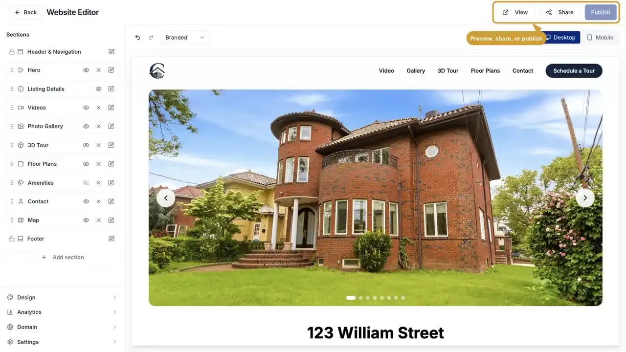 The View, Share, and Publish controls in the Website Editor