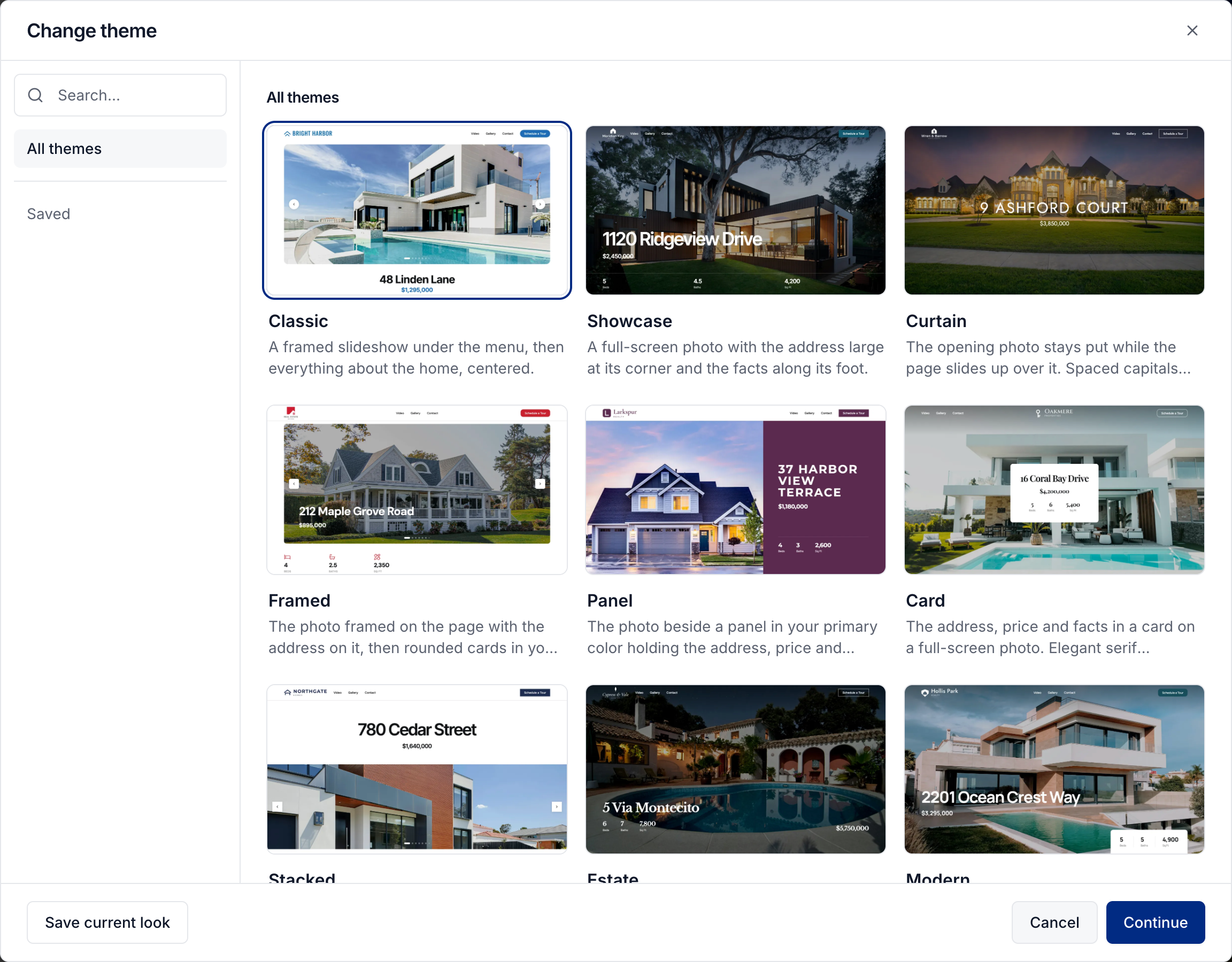 The theme gallery with built-in themes, Saved looks, and Save current look