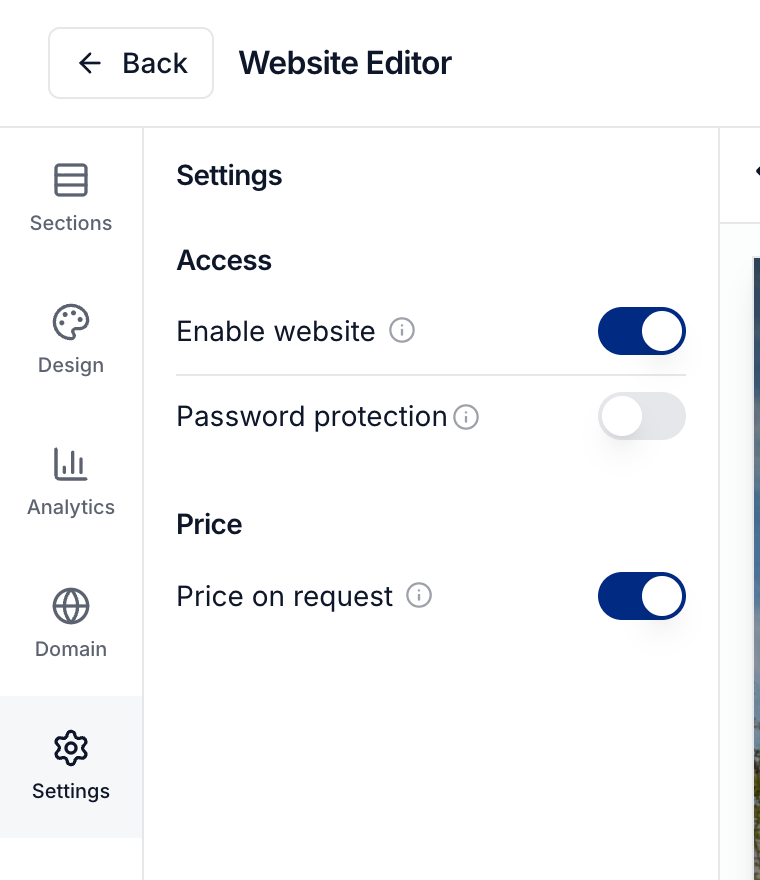 Price on request in the website settings