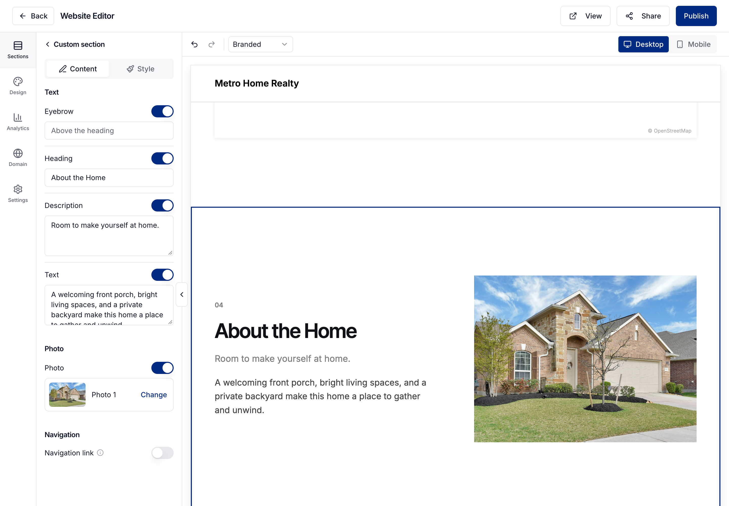 Custom section text and photo controls beside the website preview