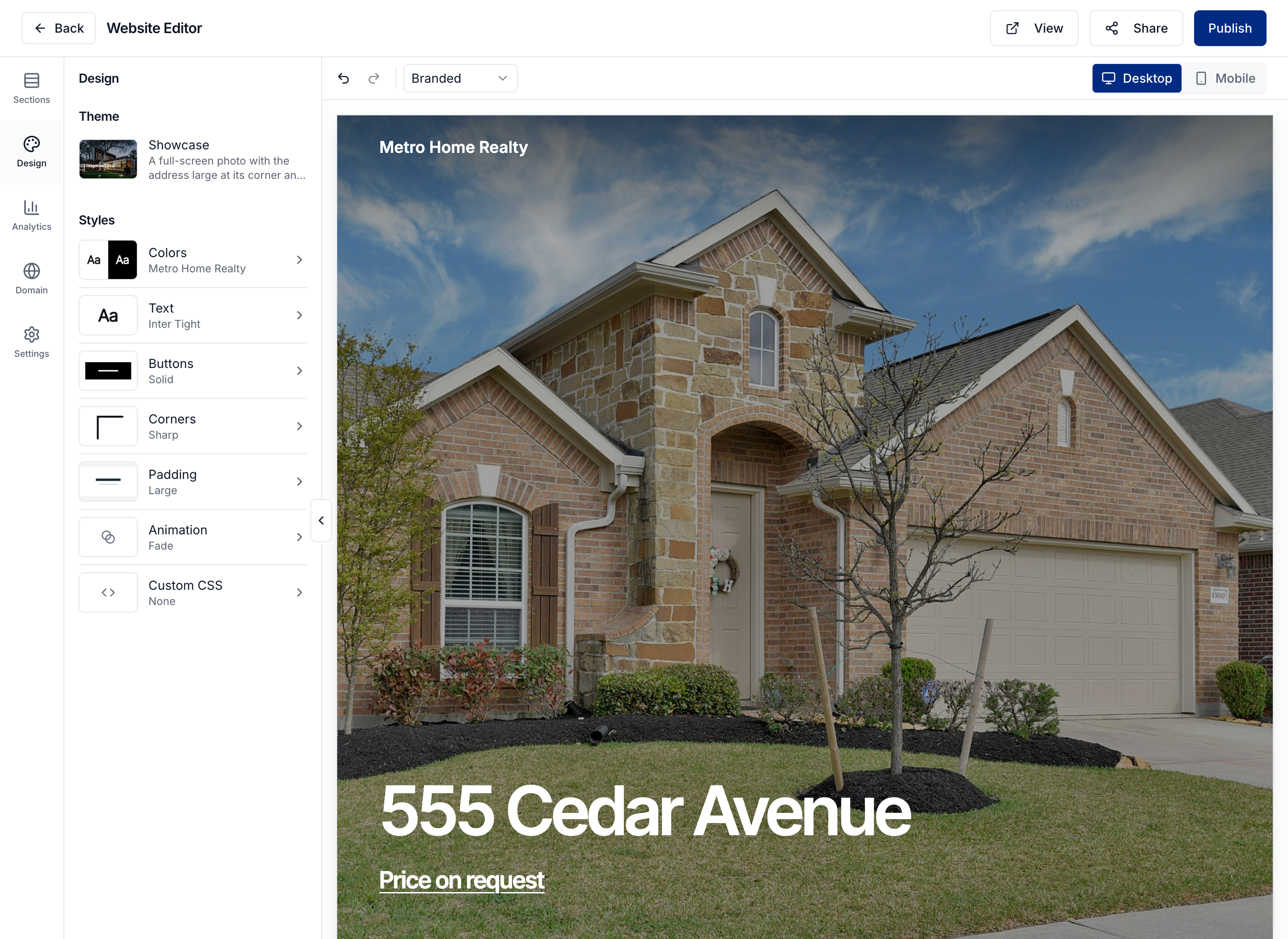 The Design panel beside the property website preview