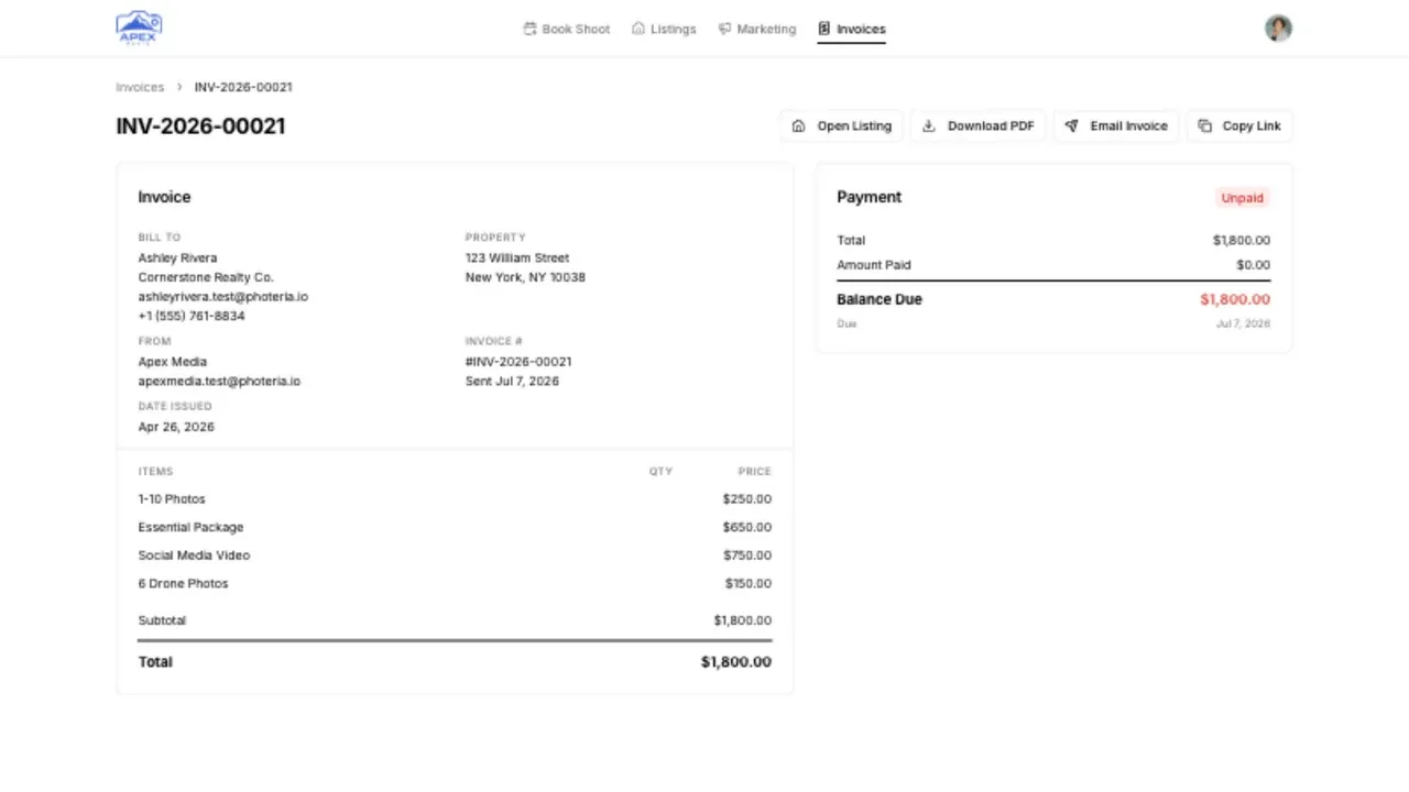 A client invoice with its line items, balance, and sharing actions