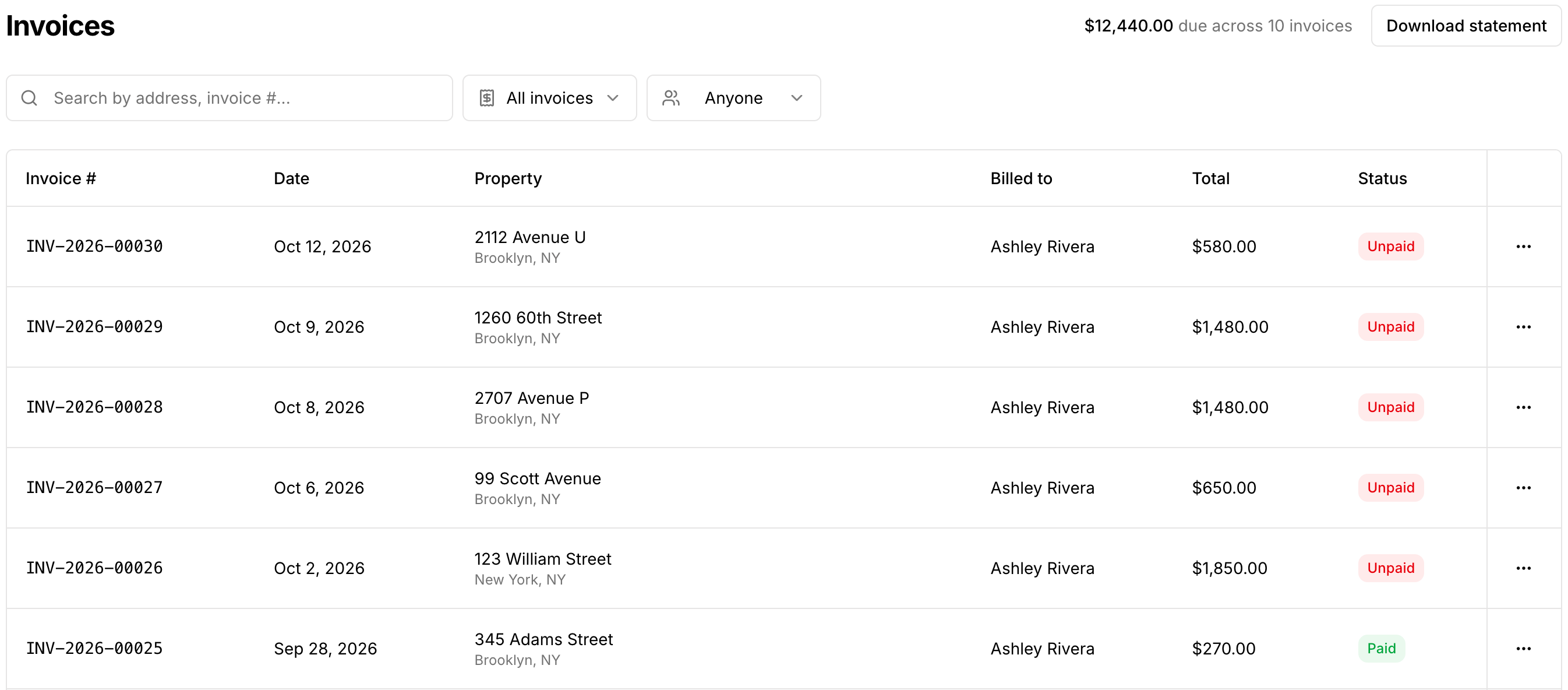 The client invoice list with payment and billed-to filters and Download statement