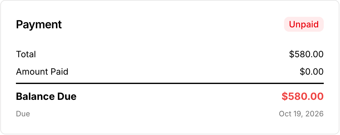 The invoice Payment card showing the remaining balance and due date