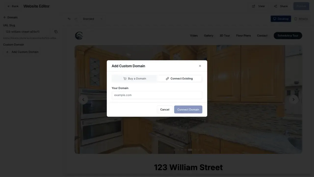 The Add Custom Domain window with the Connect Existing tab selected