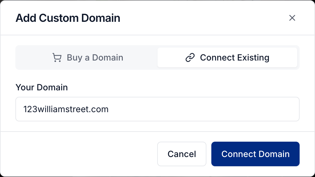 The Add Custom Domain window with the Connect Existing tab selected