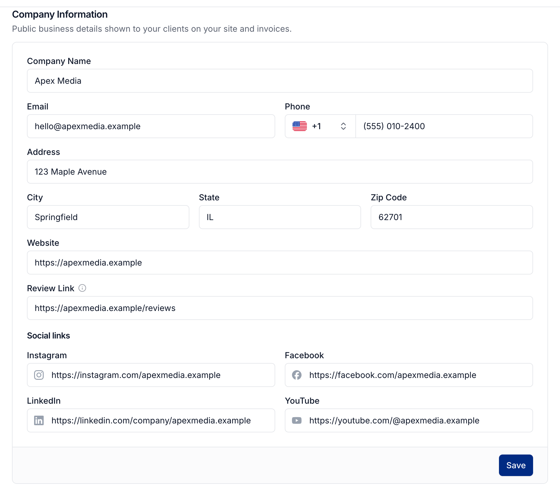 Company details and social links in Settings, General