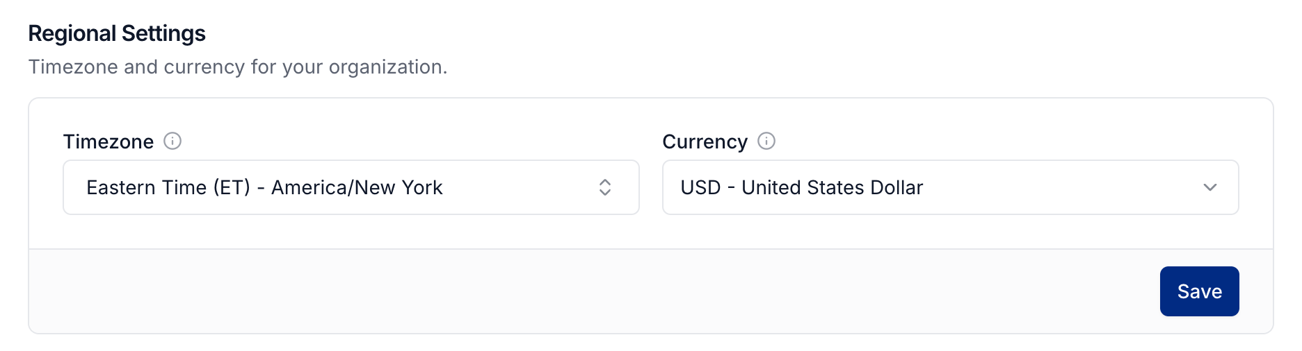 Timezone and currency selectors with Save